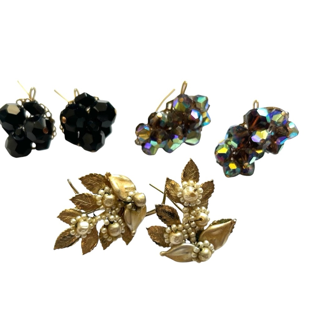 Vintage 3 Pairs Wingback Judith McCann AB Crystal Pearl Gold Tone Earrings